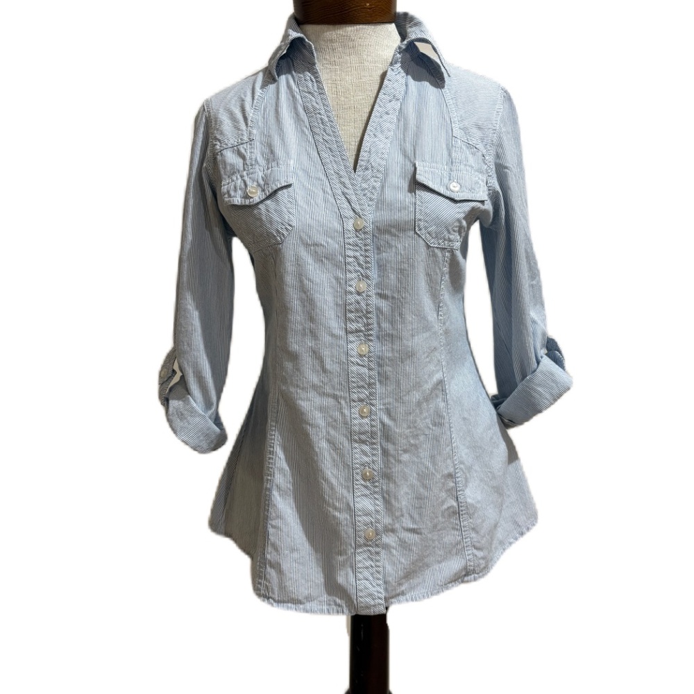 Passport shirt button down roll tab sleeve blue white stripe M